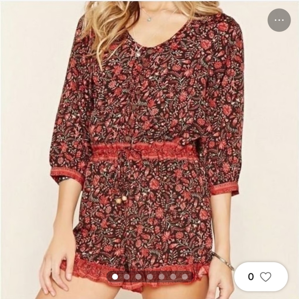 Raga Boho Floral Ruffle Hem Romper Quarter Length Sleeve Lightweight Size Medium